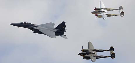 McDonnell-Douglas F-15E Strike Eagle 90-0232, Lockheed P-38J Lightning NX138AM 23 Skidoo, and Lockheed P-38L Lightning NL7723C Honey Bunny, May 14, 2011